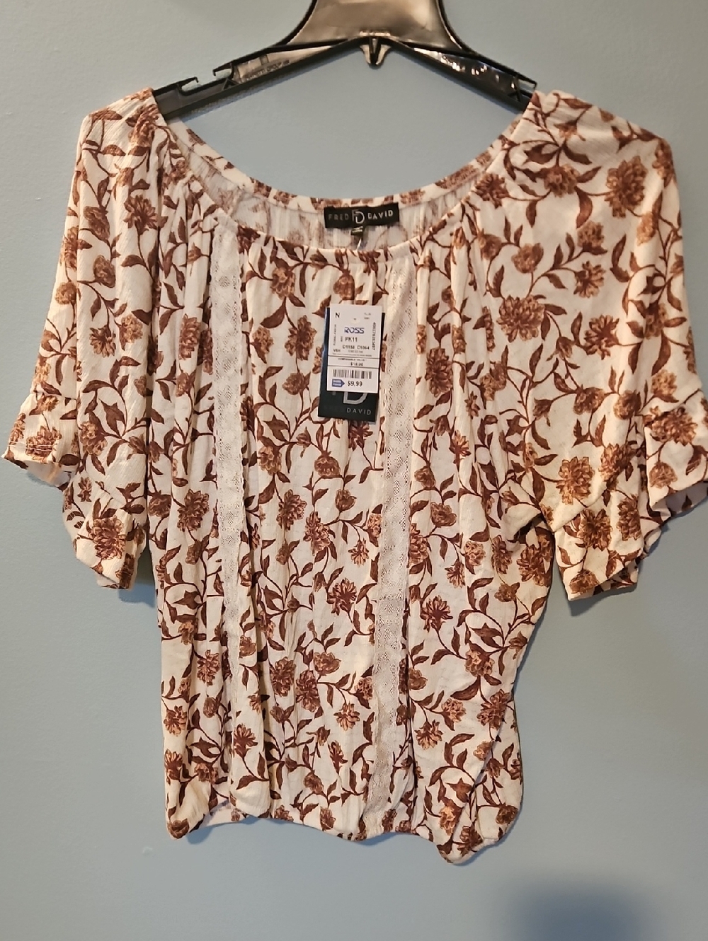 Fred David Cream Top with Brown Floral Print and Lace Trim